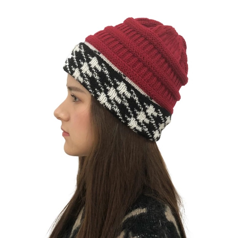 Crimson Houndstooth Red Black White Knit Cap Hat